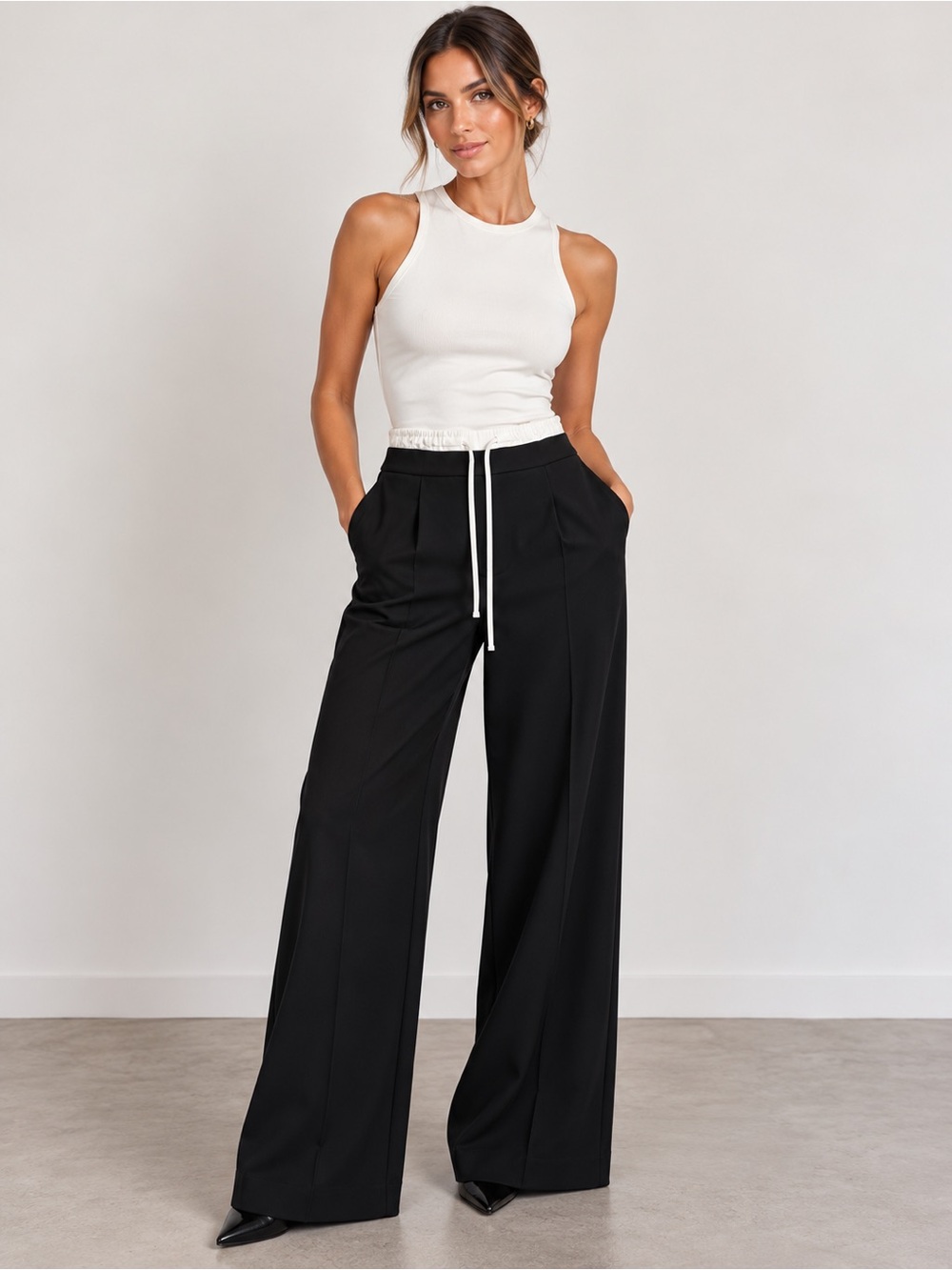 ZARA NWT Black Wide Leg Drawstring Trousers Size Medium